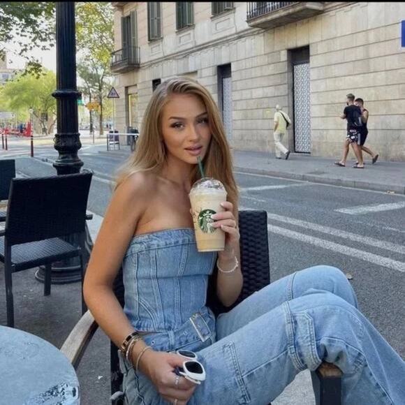 Zara Blue Denim Strapless NWOT Size Small - Picture 2 of 13